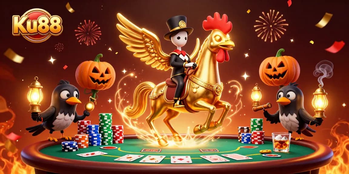 Engage in thrilling poker at Ku88 with a golden rooster riding a spectral horse.