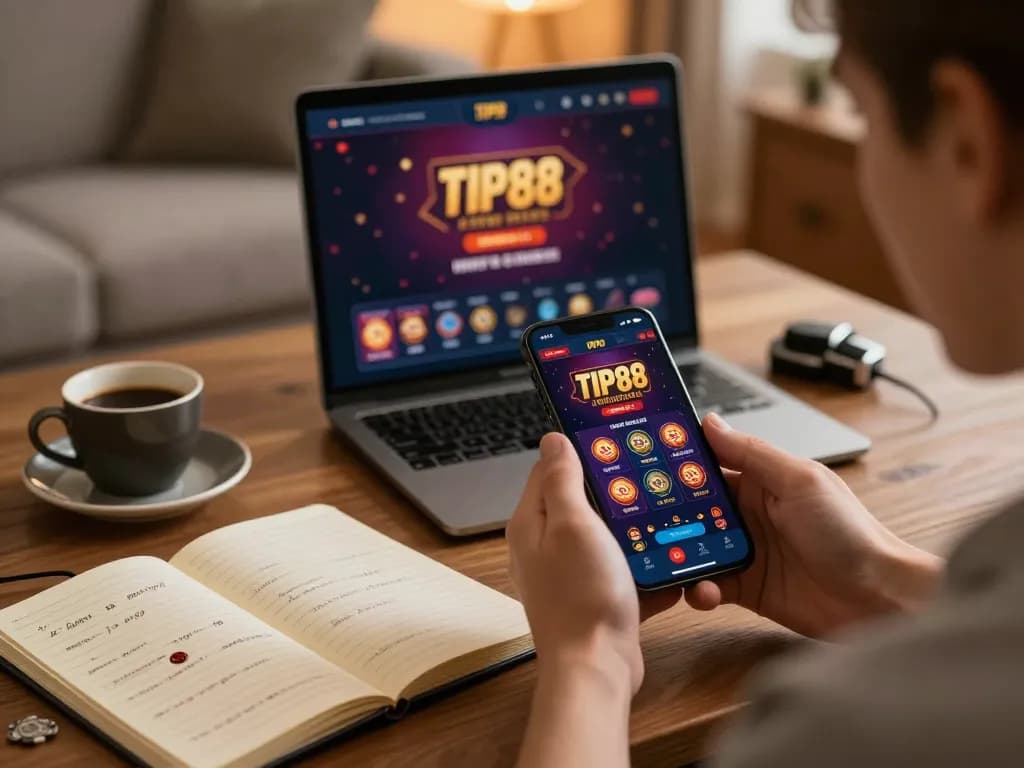 Engaging in TIP88's mobile casino app in a cozy home setting.
