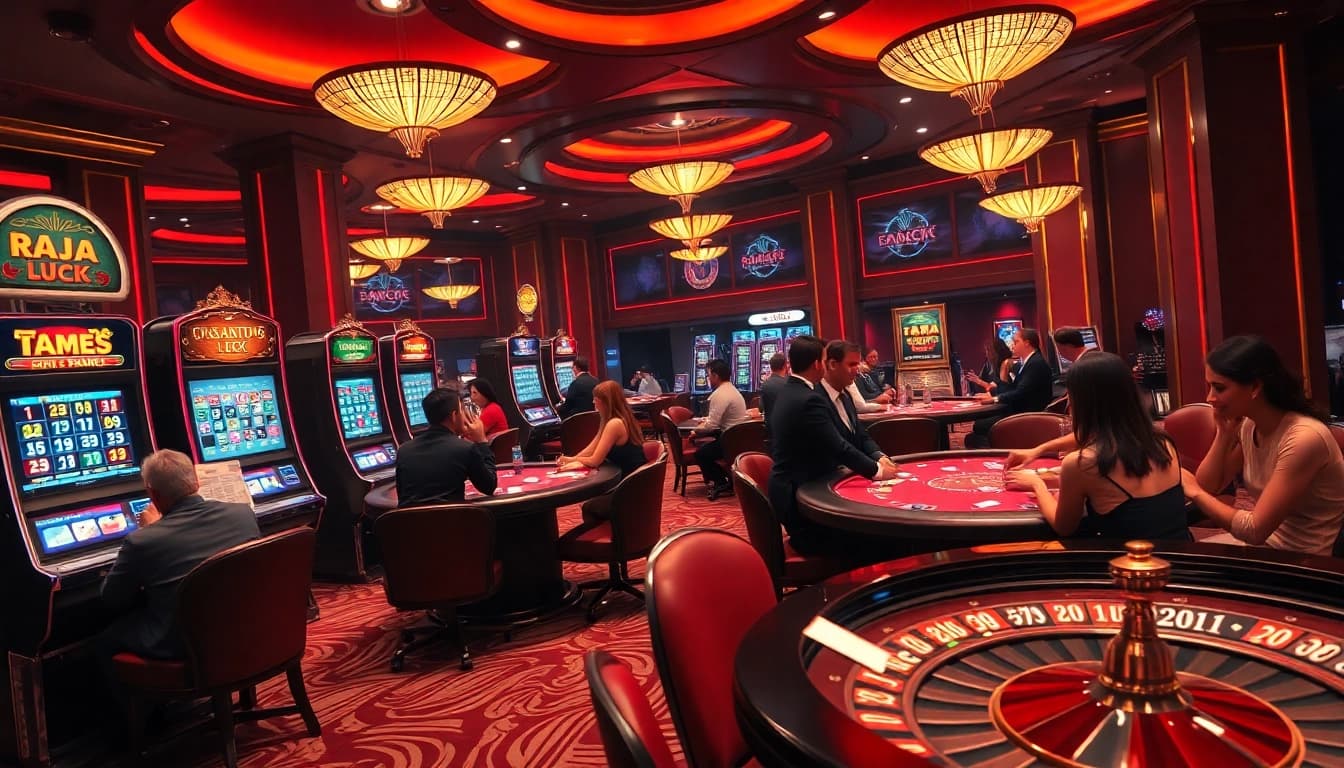 Engage with thrilling games at RAJA LUCK casino, featuring vibrant slot machines and excited players.