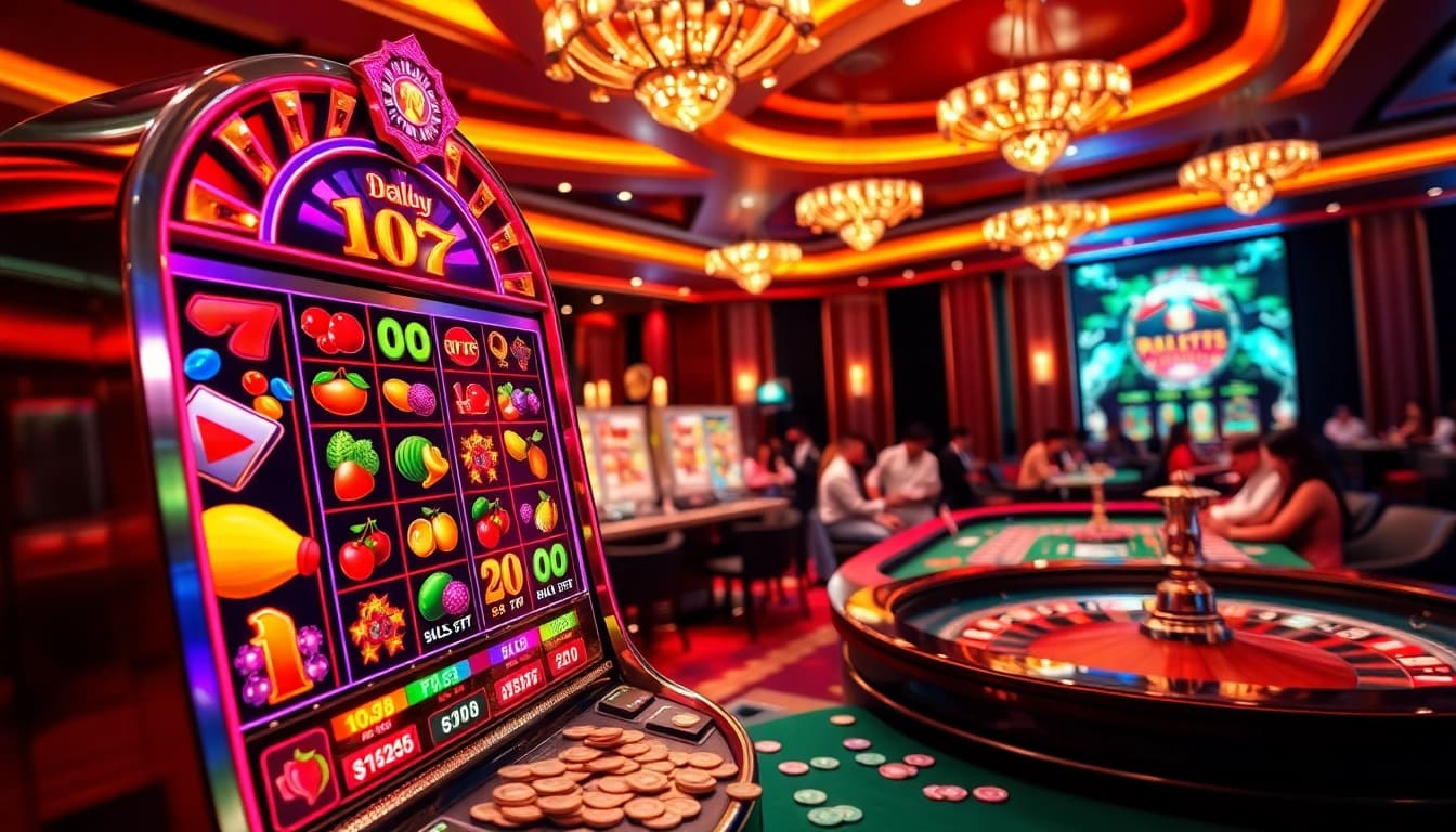 Exciting RTP Slot Gacor experience with colorful slot machines and active roulette table in a vibrant casino setting.