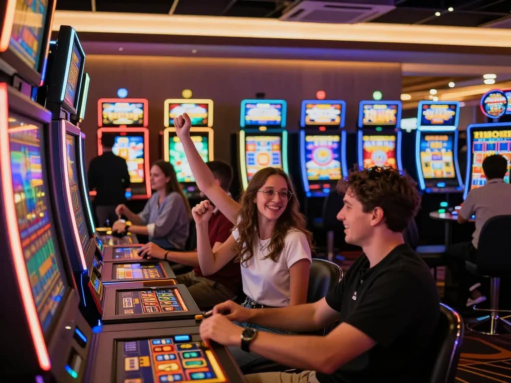 Nohu players enjoy vibrant slot machines, celebrating wins in an engaging casino atmosphere.