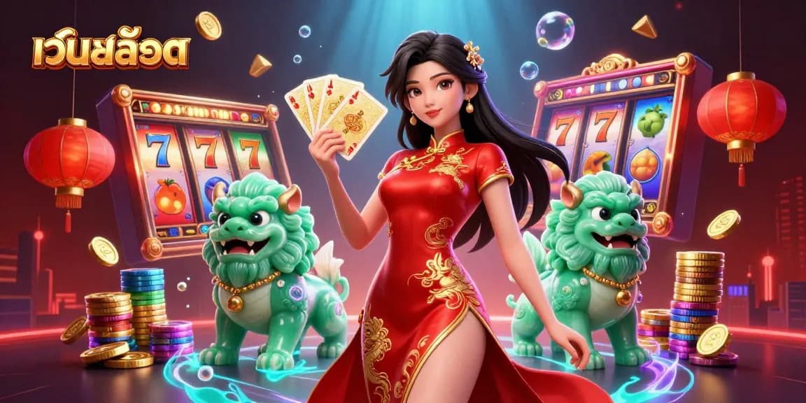 Engage with เว็บสล็อต through this vibrant casino scene showcasing a woman in a qipao and slot elements.