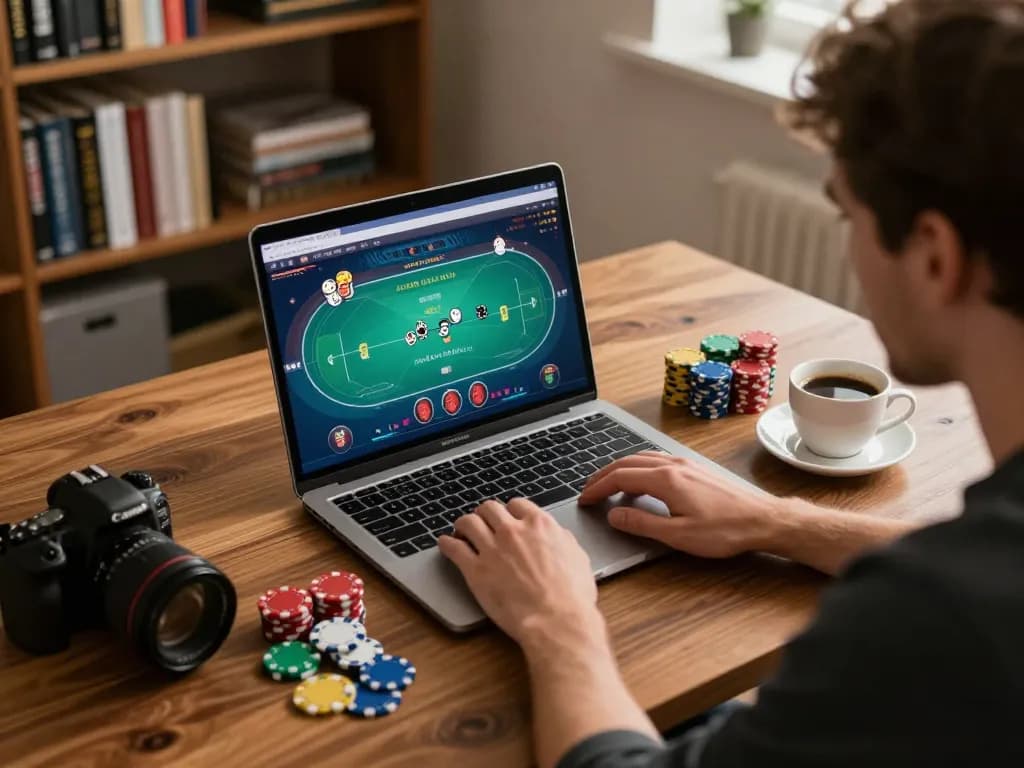 Player engaged in MK8 online poker with colorful chips on a stylish desk.