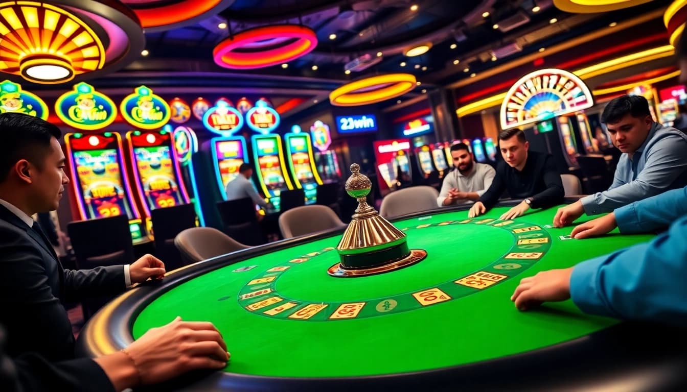 Experience the thrill of 23win with players enjoying a lively poker game and vibrant slot machines.