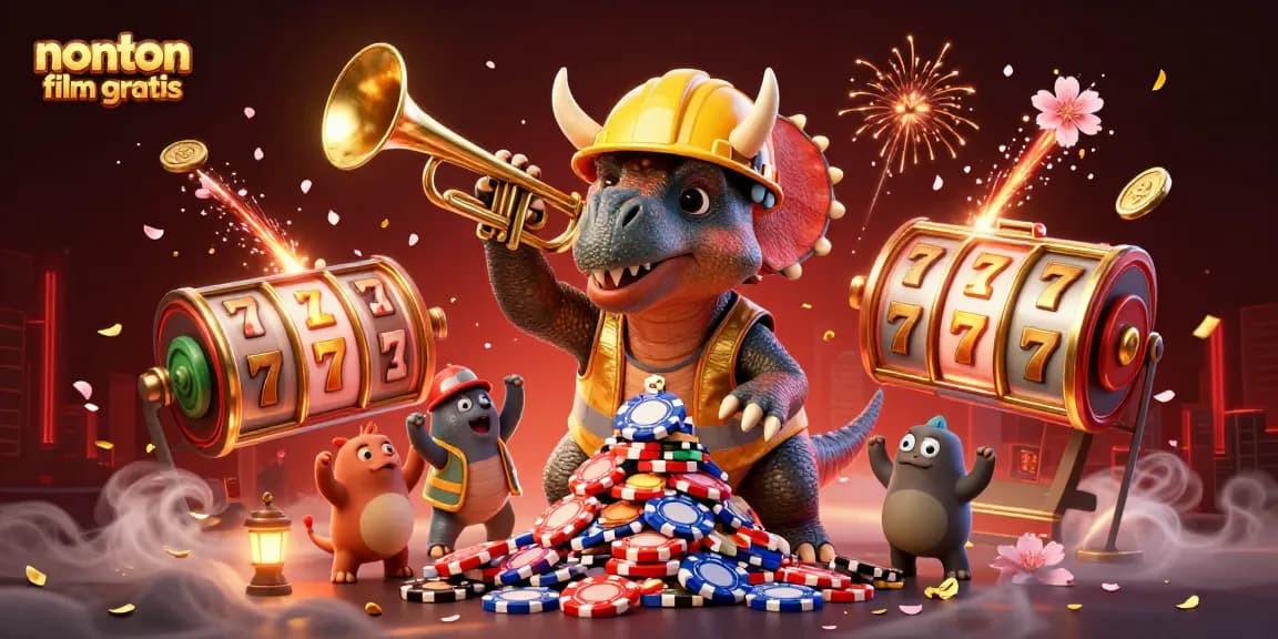Experience nonton film gratis with exciting animations of 3D casino characters celebrating with slot reels and poker chips.