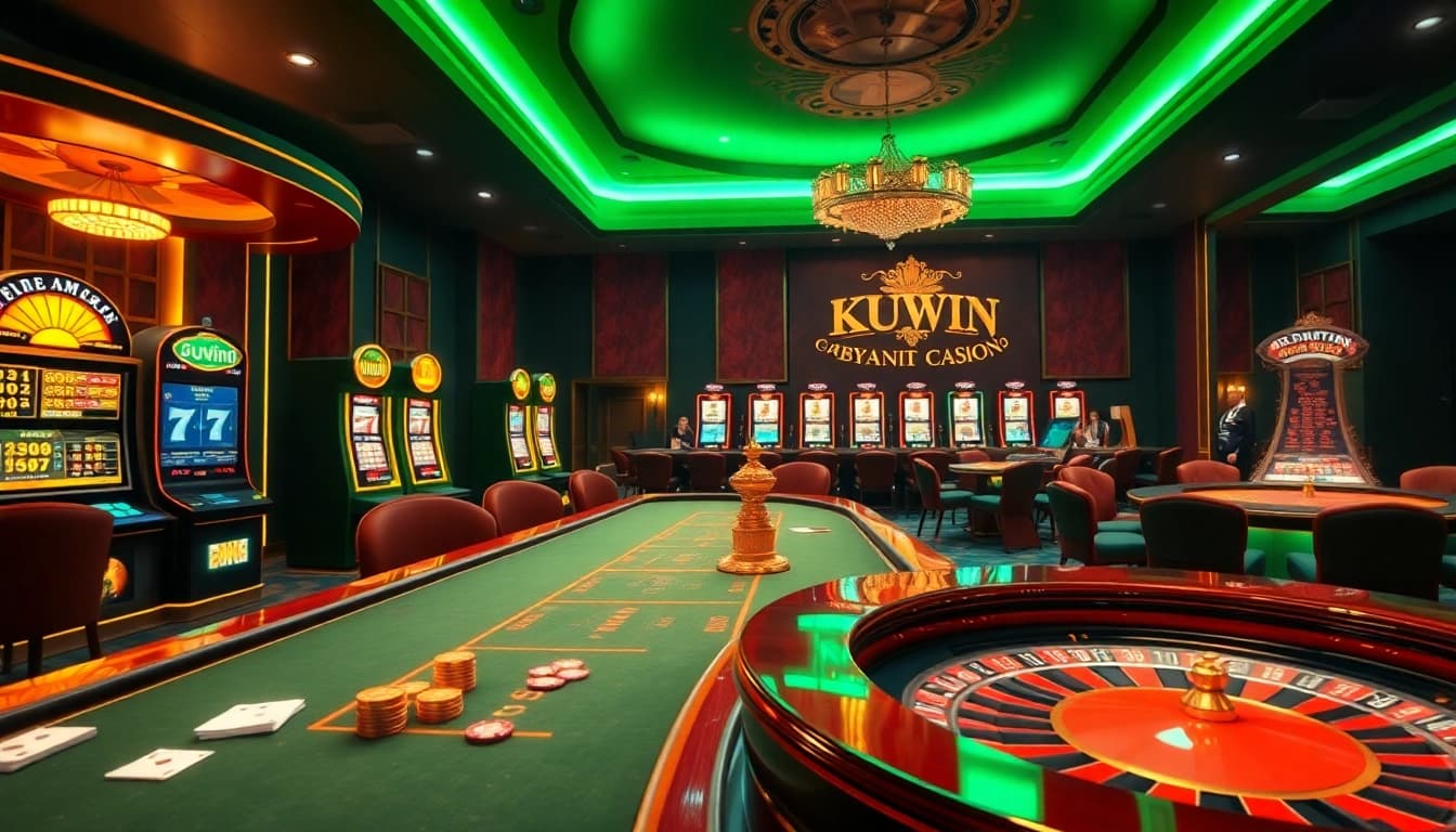 Kuwin players engaging in thrilling casino games with vibrant tables and slot machines.