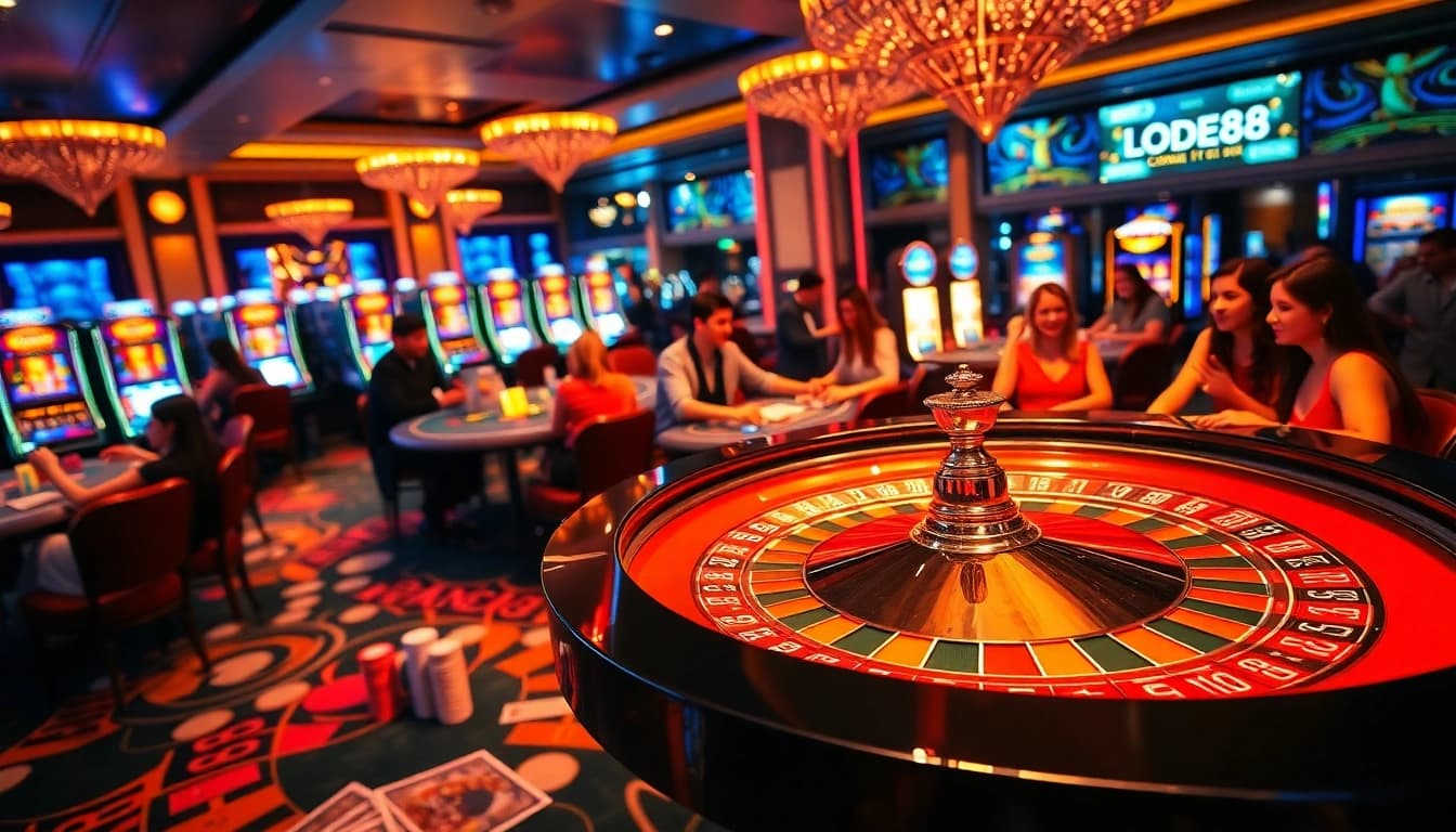 Players enjoying games at LODE88's vibrant casino, showcasing excitement and luxury.