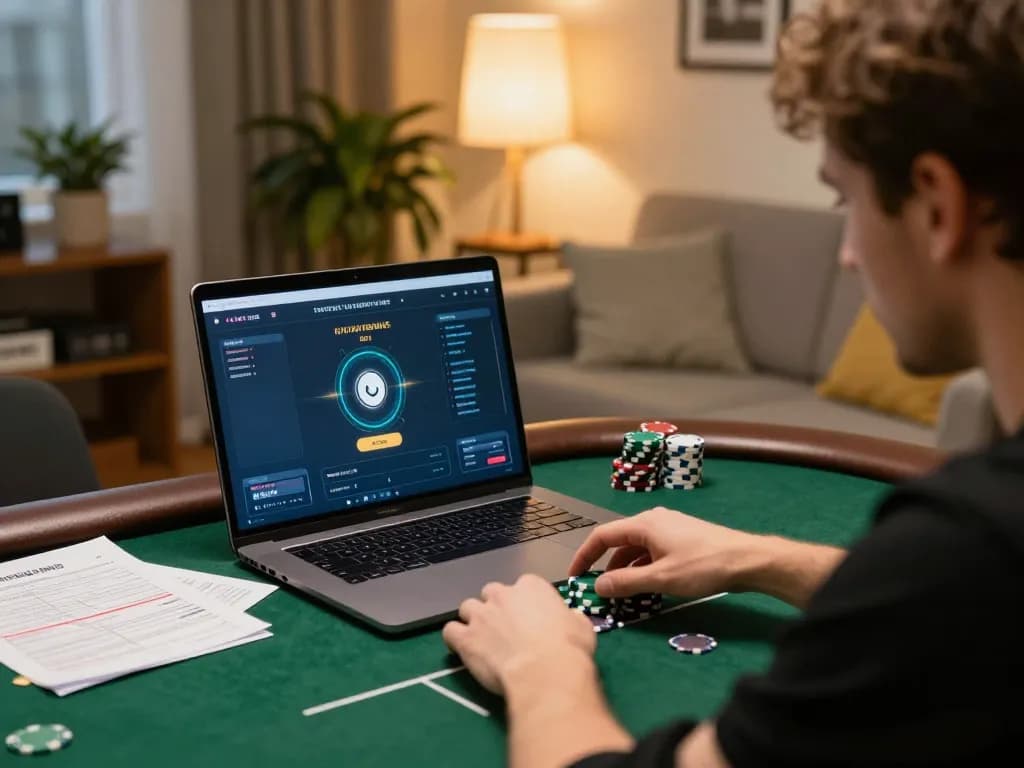 Pemain yang terlibat menggunakan telepathywear untuk sesi poker online, dikelilingi oleh catatan strategi dan chip.