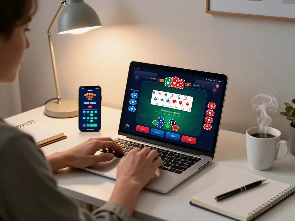 Engaging in đăng ký go99 at home using a laptop and strategizing with notes for online poker.