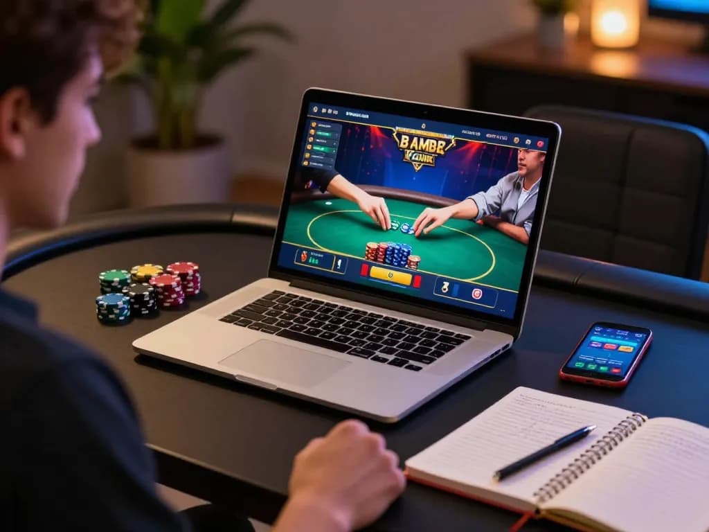 vegrecipeworld player engaged in online poker with vibrant interface on laptop, chips and strategy notes nearby