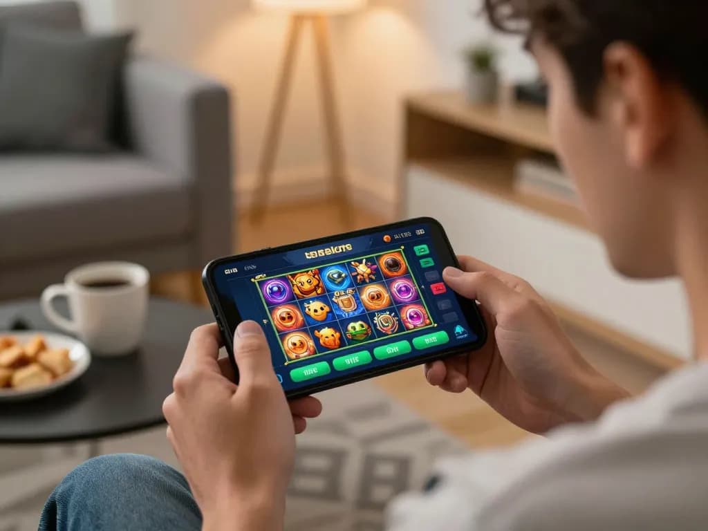 Engaged user playing kdslots on mobile with colorful slot games visible, cozy home atmosphere