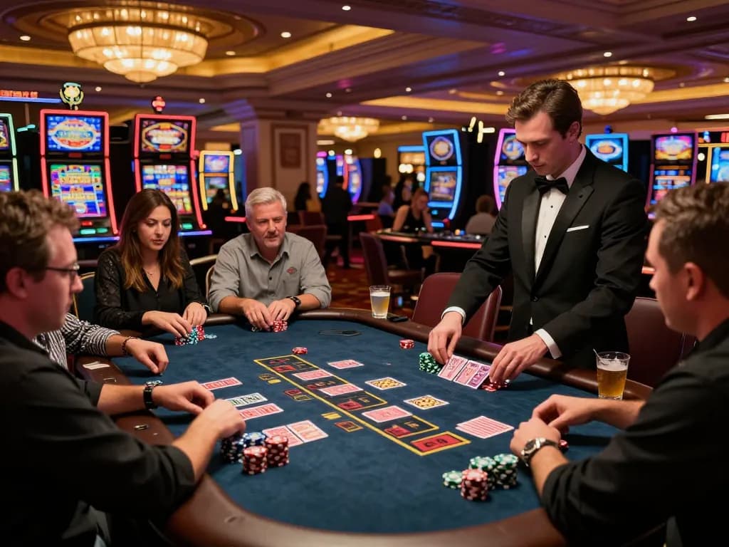 iwin engaging blackjack players at a vibrant casino table with stacked chips and eager bets