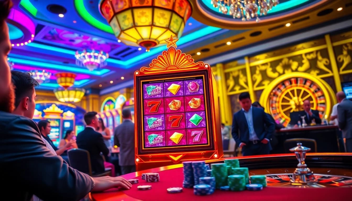 Excited players engaging with the colorful Big Gaming Slot machine in a luxurious casino.