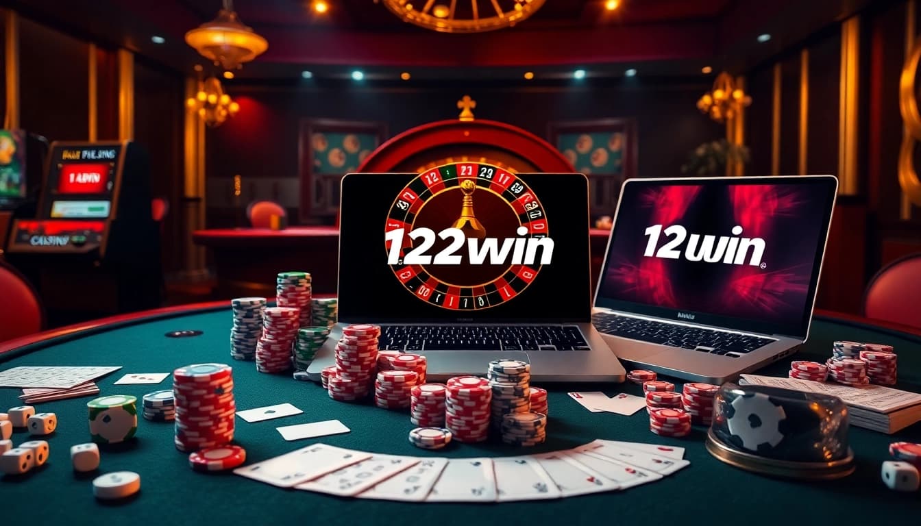 Exciting gambling scene highlighting 123win with poker chips and a roulette wheel.