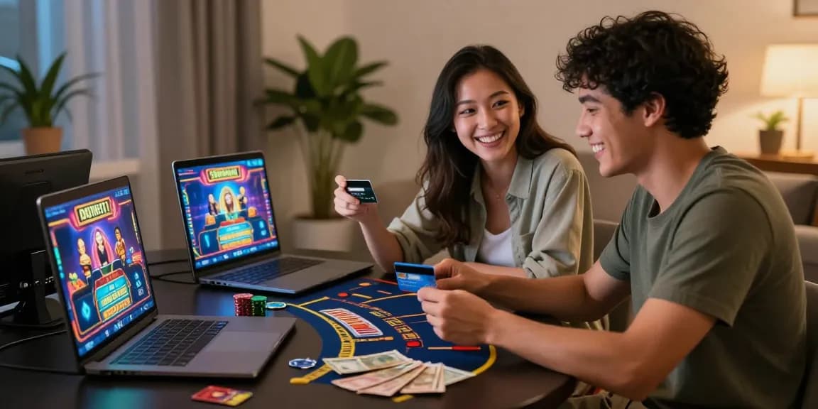 Engaging casino scene with players discussing strategies at home, highlighting casinos that accept credit cards for seamless gaming.