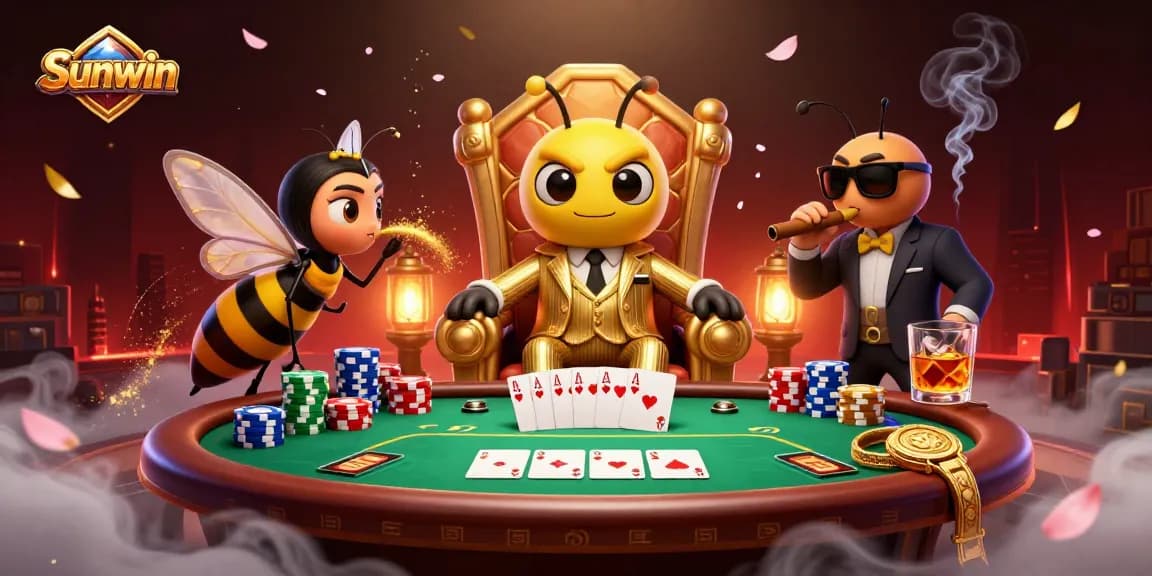 Sunwin engages players with a lively casino atmosphere, showcasing poker elements and vibrant characters.