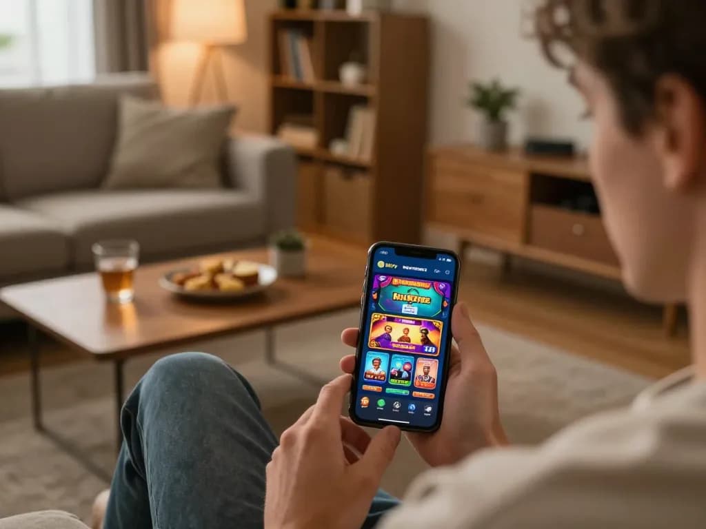 Person engaging with the RIKVIP app on a smartphone in a cozy home setting, enjoying online gambling.