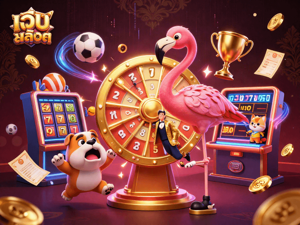 Experience thrilling เว็บสล็อต action as a flamingo host spins a prize wheel amidst dynamic game elements.