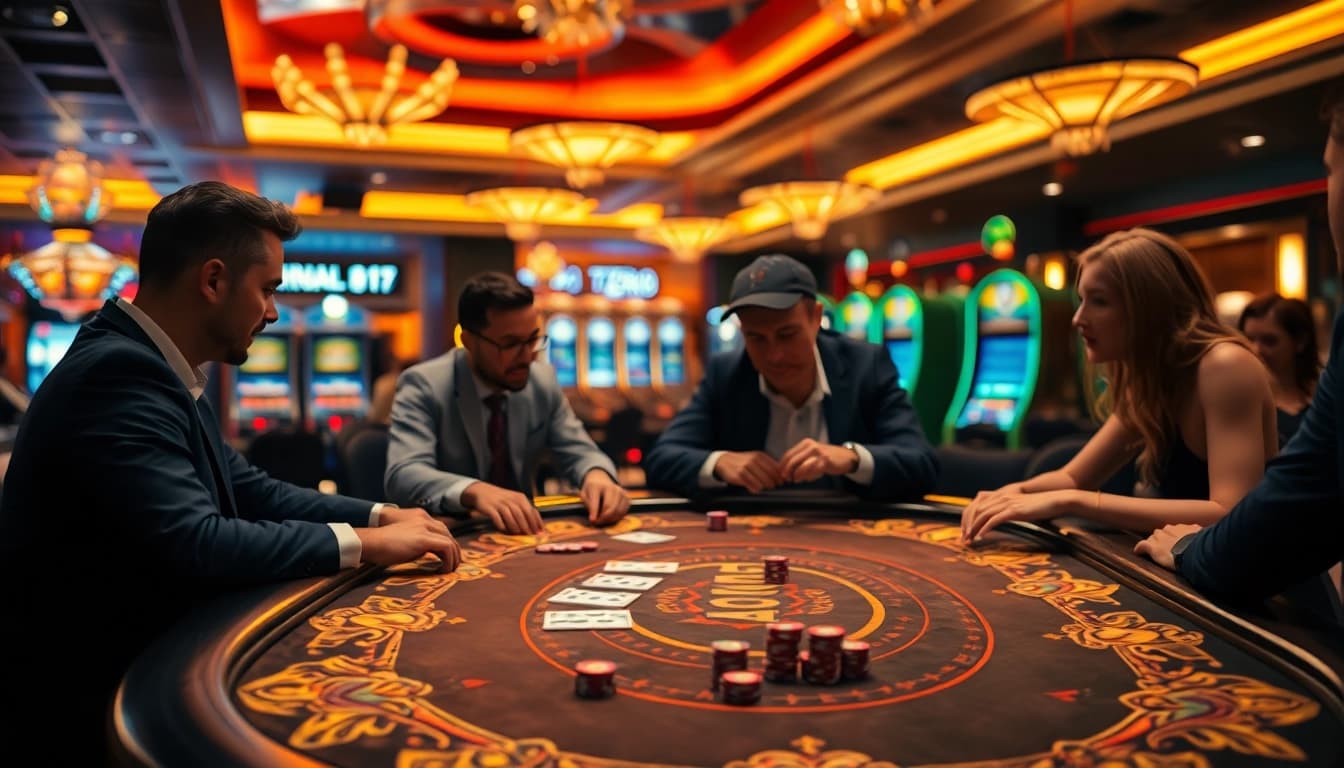 Permainan kasino nekototo yang menarik dengan meja game yang berwarna emas dan hijau.