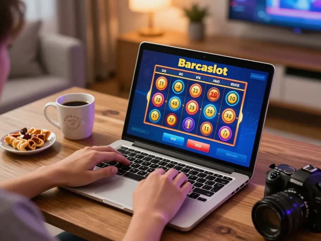 Pemain yang terlibat menikmati pengalaman permainan online di Barcaslot dengan antarmuka mesin slot yang vibrant.