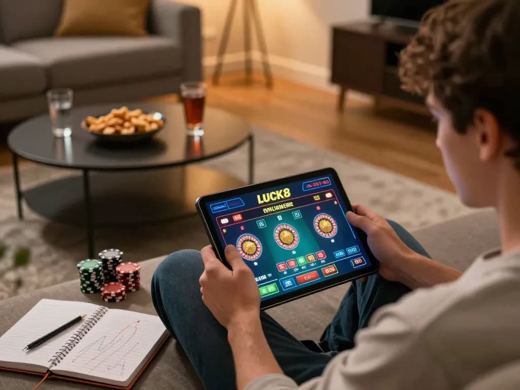 Người chơi tận hưởng trò chơi roulette trực tuyến LUCK8 trên máy tính bảng trong không gian phòng khách ấm cúng.