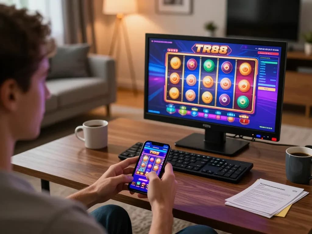 Play TR88 online slots while enjoying a cozy home setting, smartphone displaying vibrant game