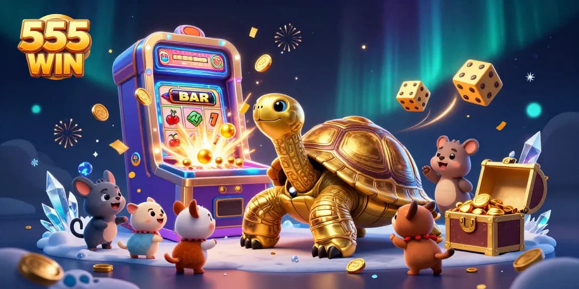 Experience the thrill of 555 WIN with vibrant casino-themed illustrations showcasing dynamic gaming elements.
