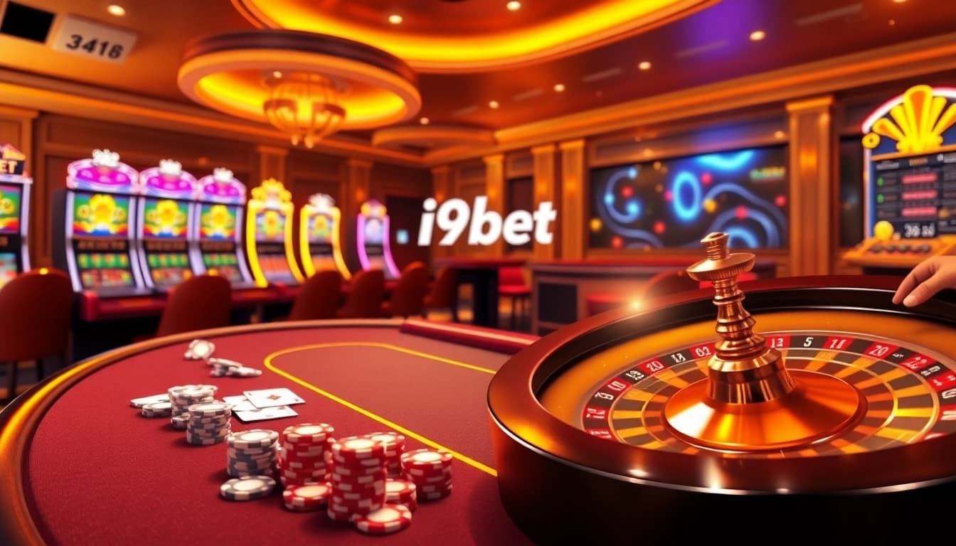 Engage in an exciting game at i9bet online casino with vibrant poker chips and spinning roulette.