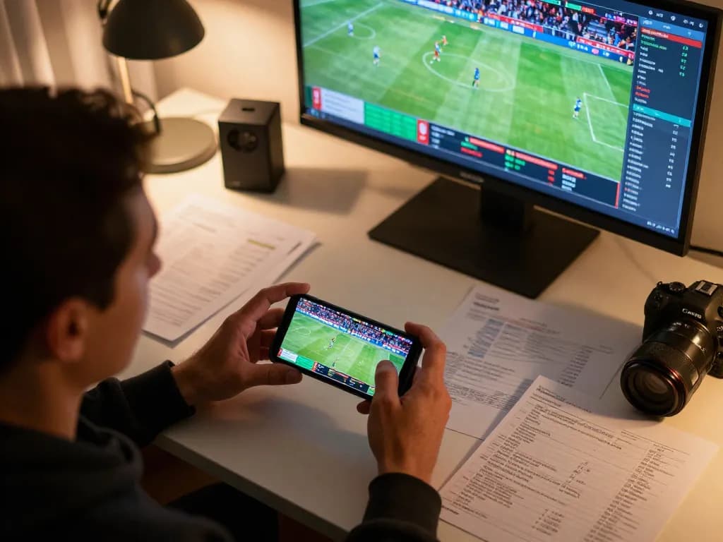 Engaging in gi88 sports betting on smartphone with excitement, vibrant home gaming setup