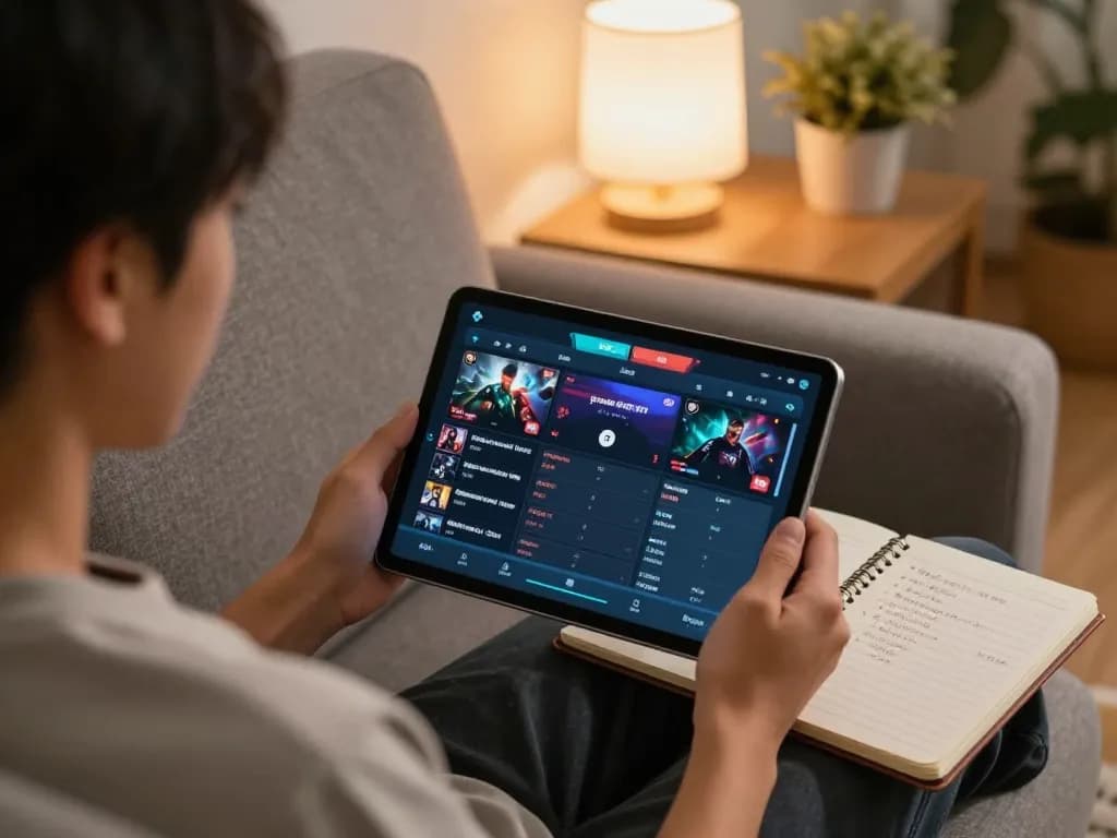 Engaged in esports betting singapore from home, a person is interacting with a tablet displaying a betting interface amidst cozy surroundings.