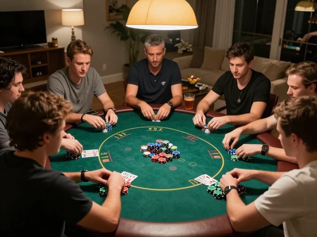 Engaged players enjoying a friendly poker night at taixiusunwin.art with colorful chips and warm ambiance.