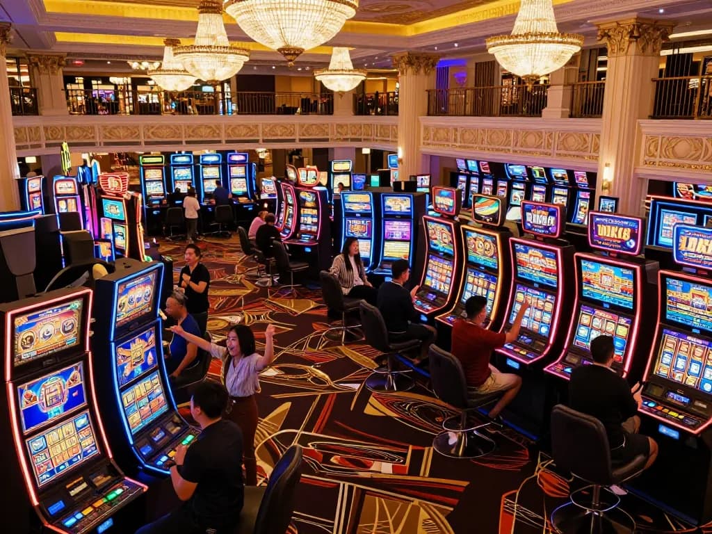 Luck8 players celebrating wins at vibrant casino with colorful slots and lively atmosphere.