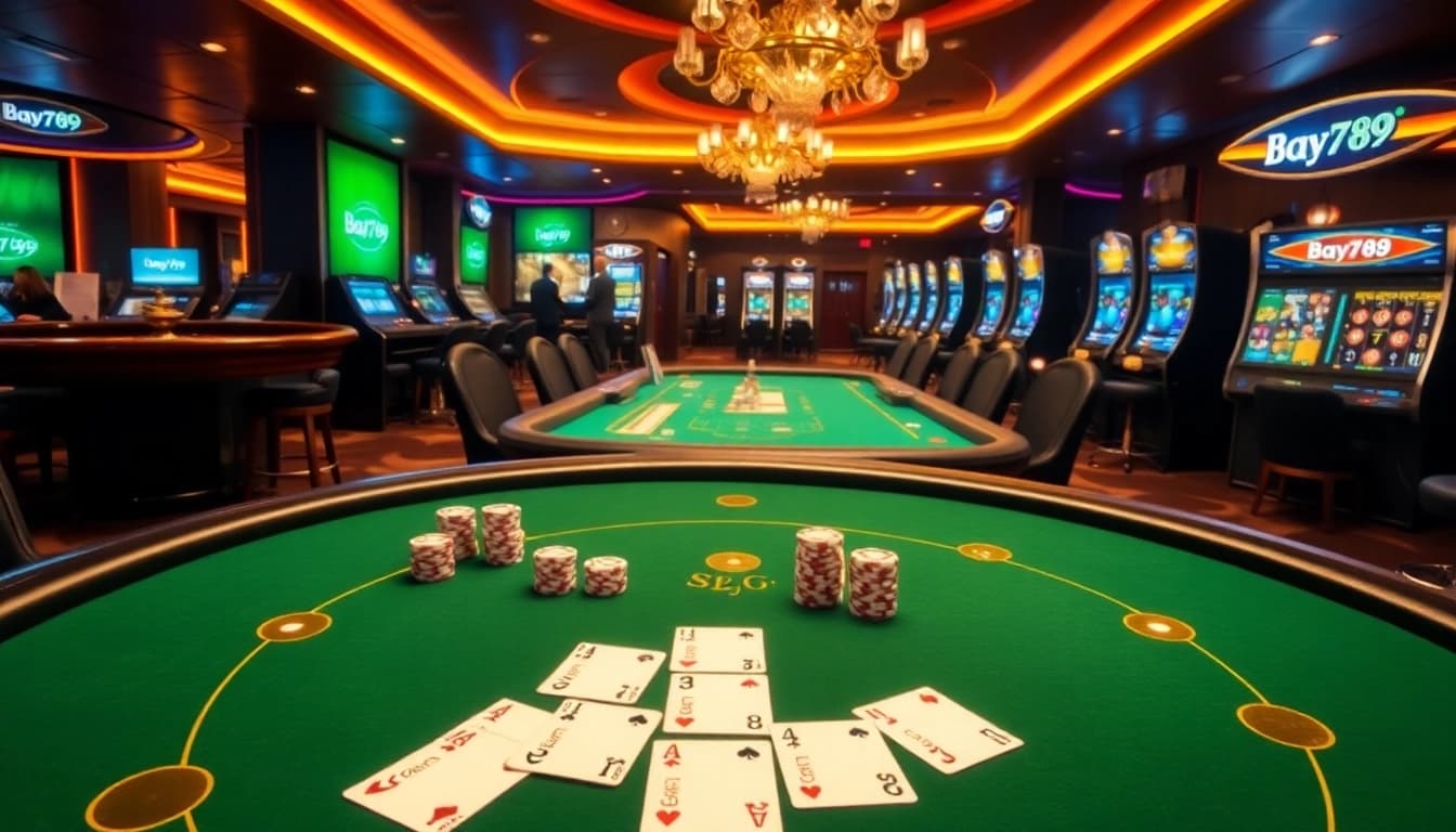 Experience the thrill of Bay789 with players engaged in poker and roulette in a vibrant casino.