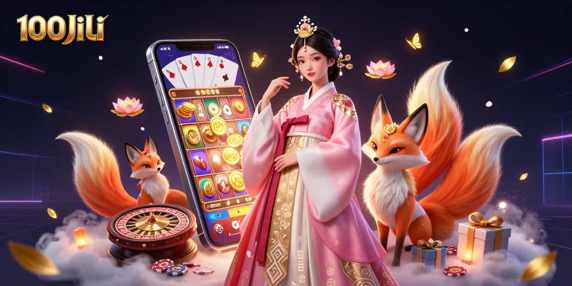 Experience thrilling gameplay with 100JiLi in this vibrant casino scene featuring a classy Asian woman and a lucky fox.