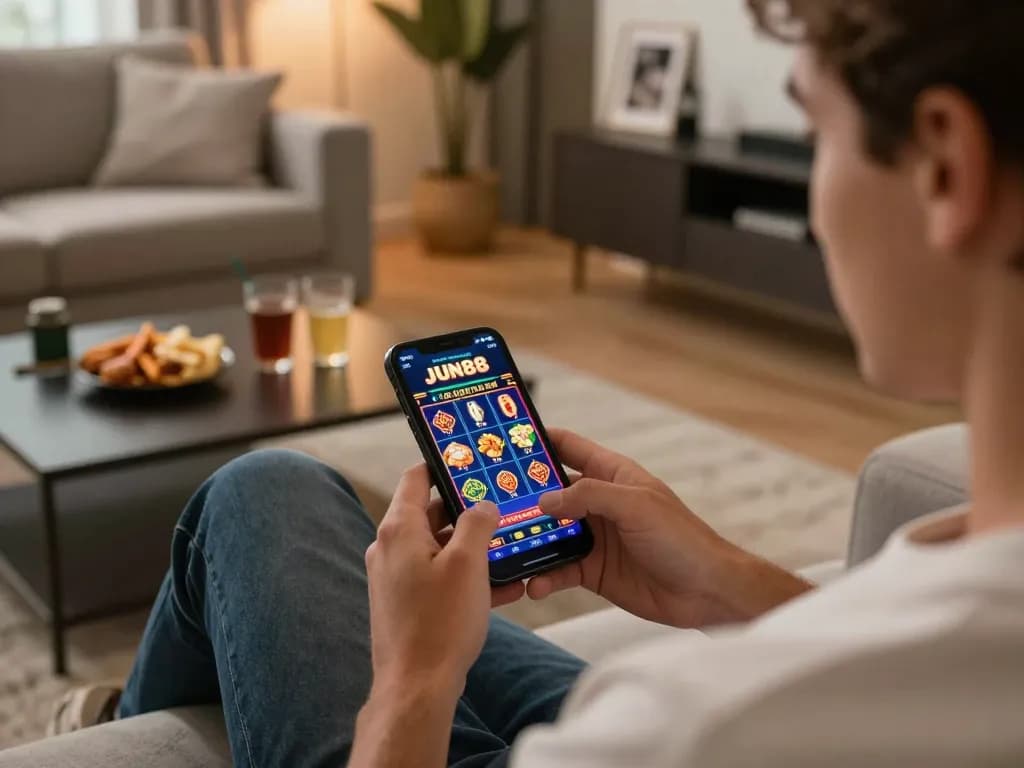Player engaging with JUN88 slots on smartphone in a cozy home gaming setup, warm atmosphere.