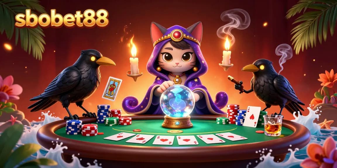 Bet on sbobet88 with a vibrant illustration featuring poker elements and mystical characters.
