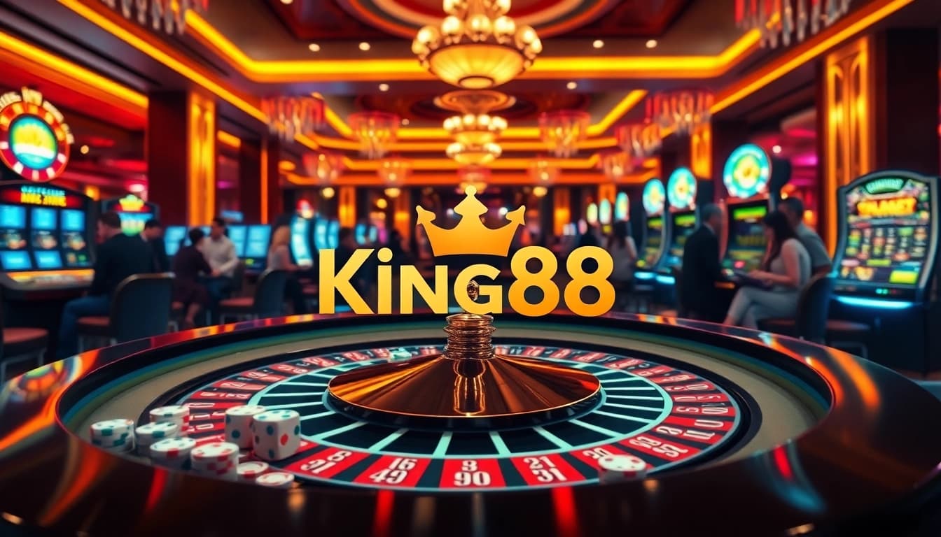 Exciting gambling scene at King88 casino with roulette table and vibrant atmosphere.