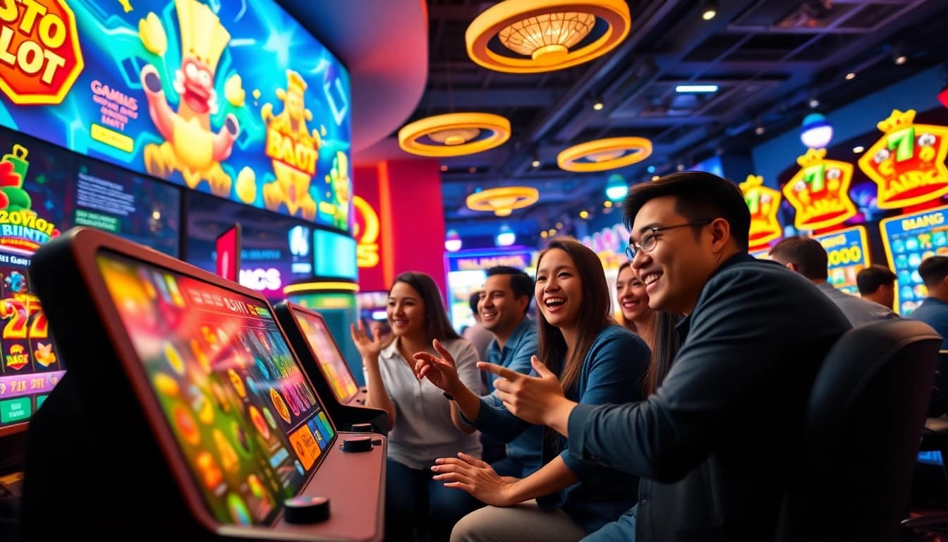 Asupantoto gaming scene showcasing vibrant slot games and enthusiastic players celebrating their wins.