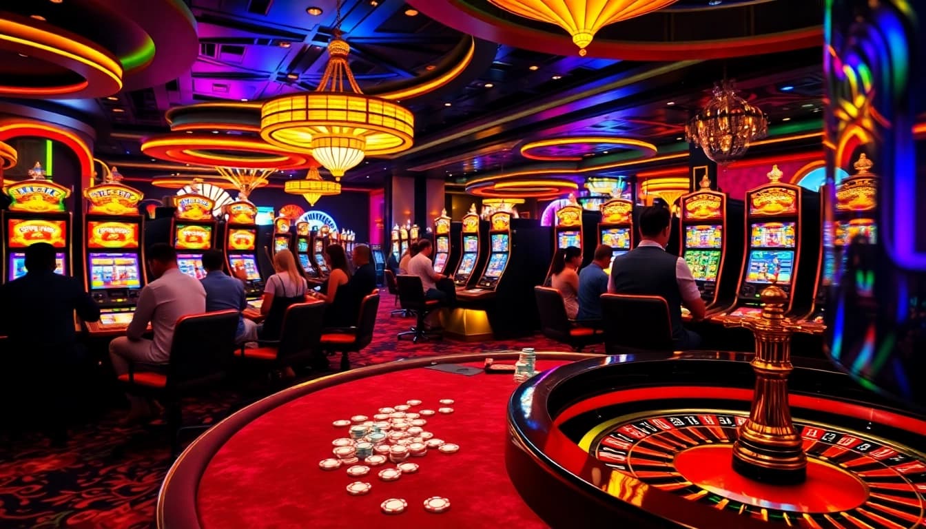 Experience the excitement of idnslot with players enjoying vibrant slot machines in a luxurious casino.