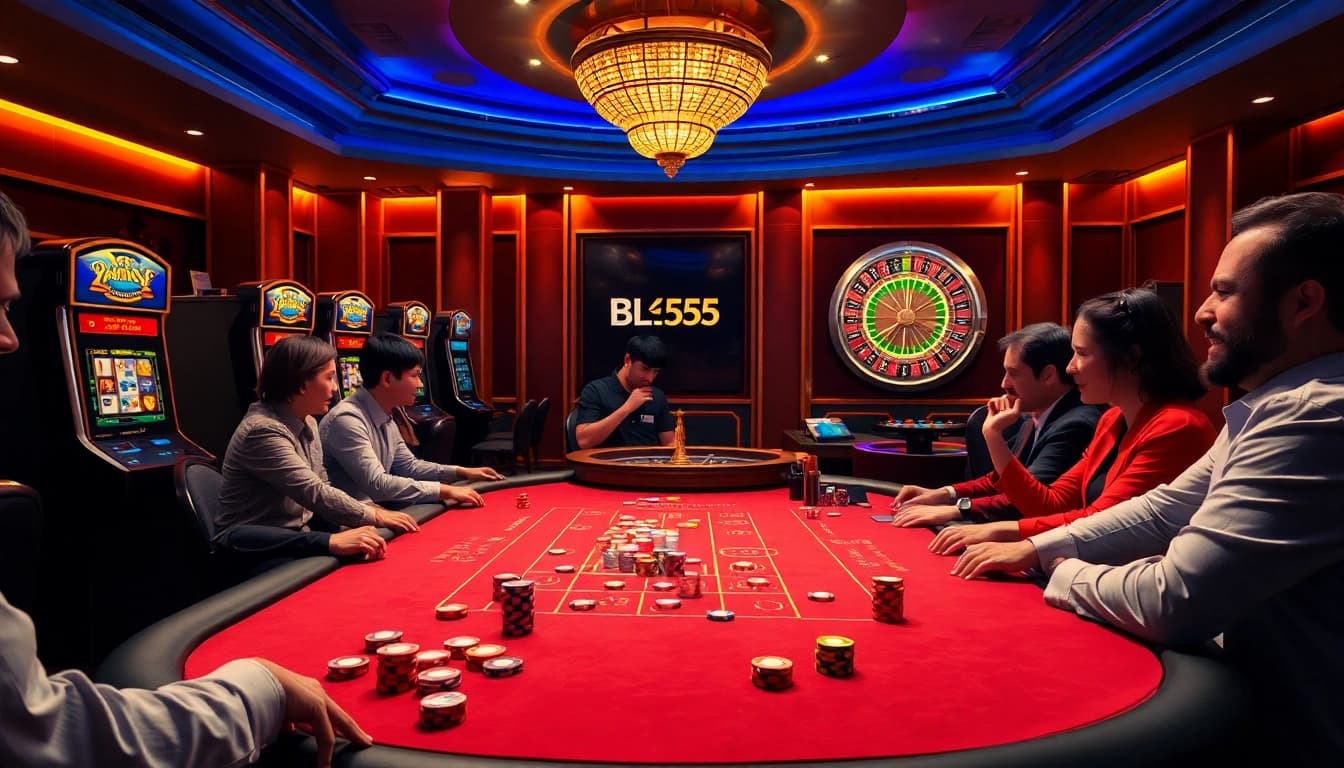 Engaging players at a high-stakes poker table with BL555 branding and vibrant casino atmosphere.