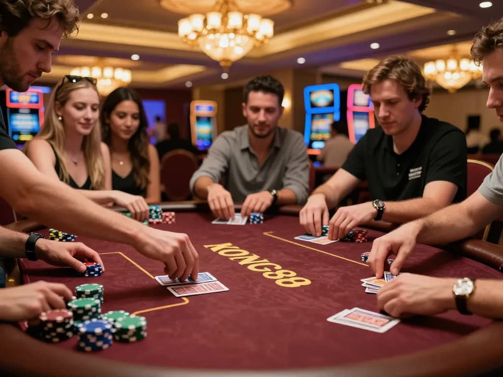 KONG88 poker game scene showing players engaged in intense action, vibrant casino atmosphere with warm lighting.