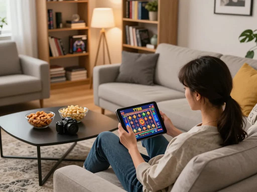 Engaged user playing TT88 on a tablet in a cozy living room, highlighting online gambling experience.