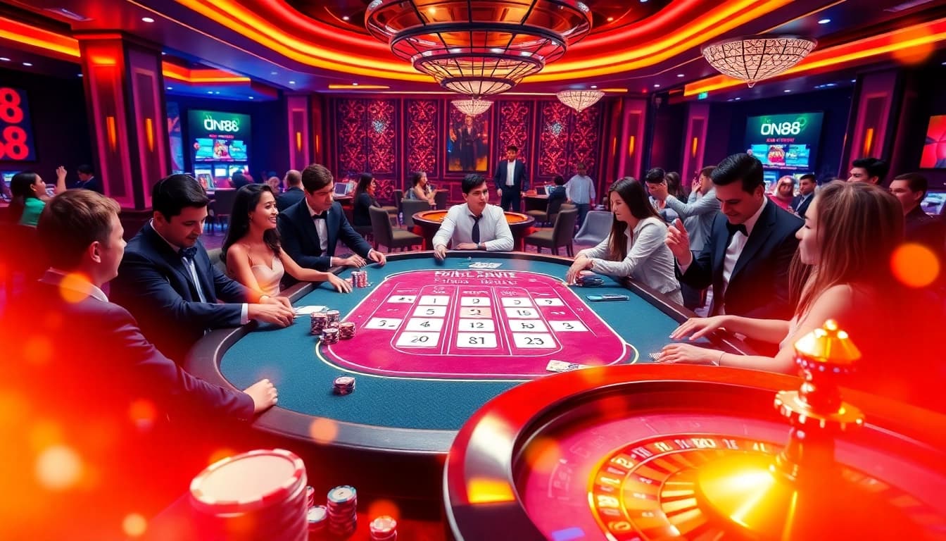 Players engaging in a lively casino scene with dn88 digital interfaces and vibrant gaming elements.