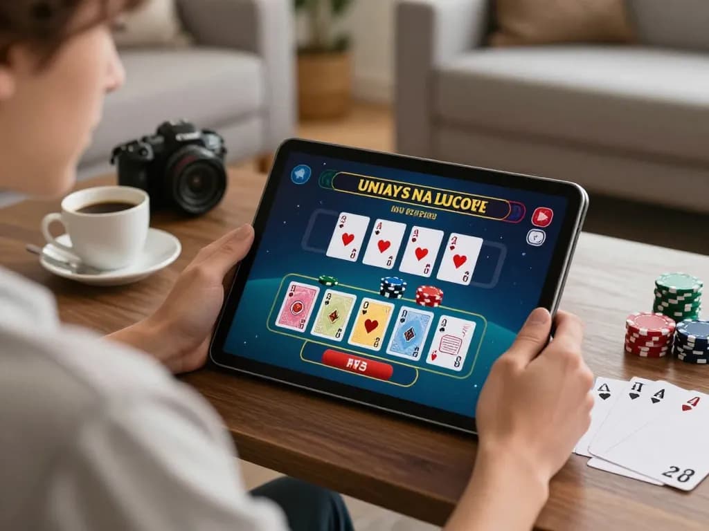Engaging gameplay at 888New online blackjack table on tablet from a cozy home setting.