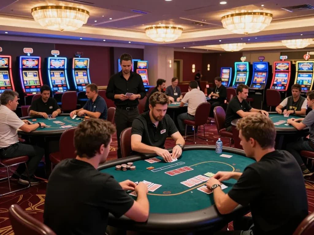 RR88 players engaging in strategic card games at a vibrant casino venue with lively atmosphere.