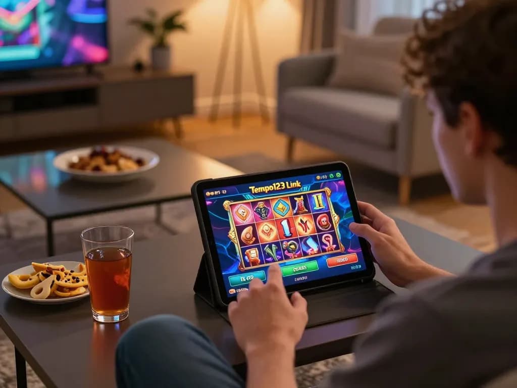 Berinteraksi dengan Tempo123 Link di tablet untuk permainan slot online di pengaturan rumah yang nyaman.