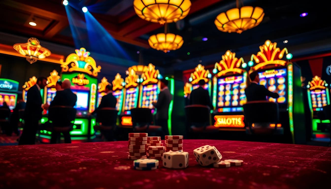 Pemain yang bersemangat menikmati pengalaman mesin slot mewah di kasino yang meriah.