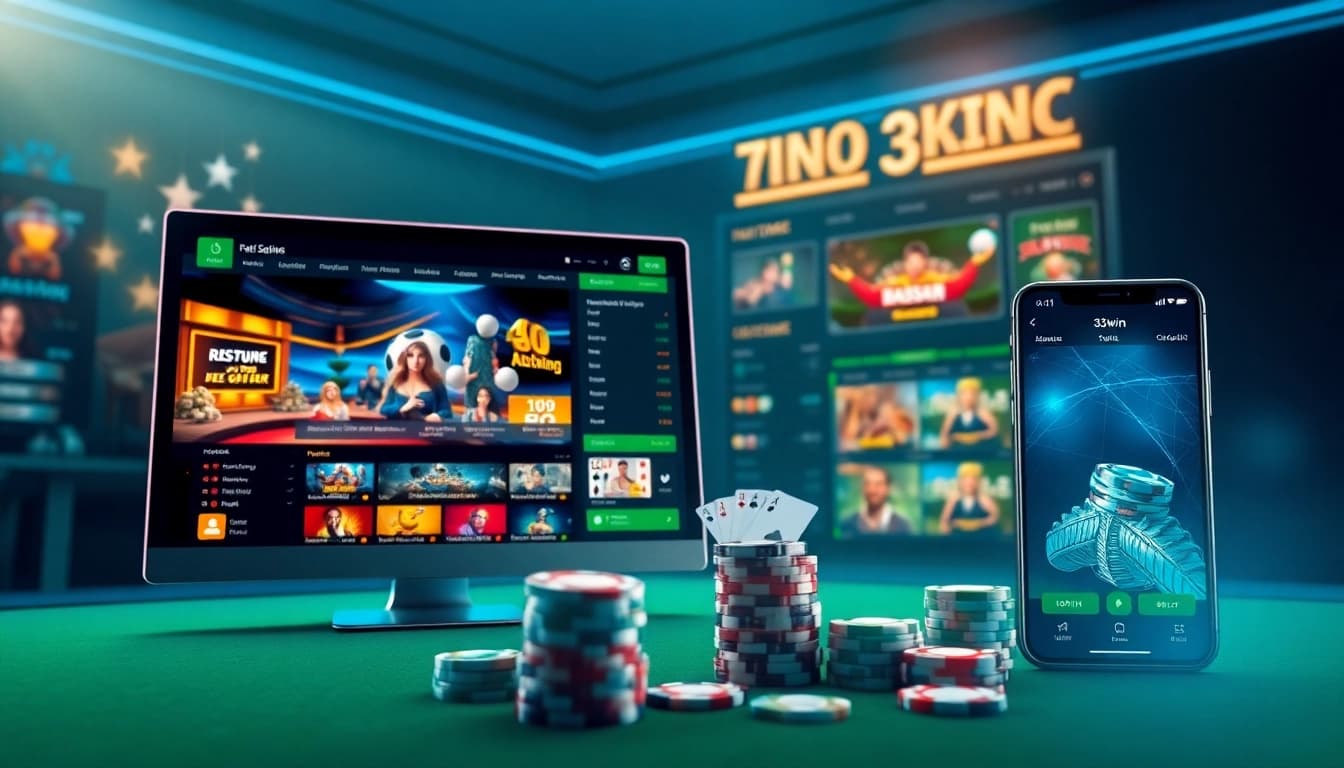 Discover the modern interface of 33win, showcasing online casino games and vibrant betting options.