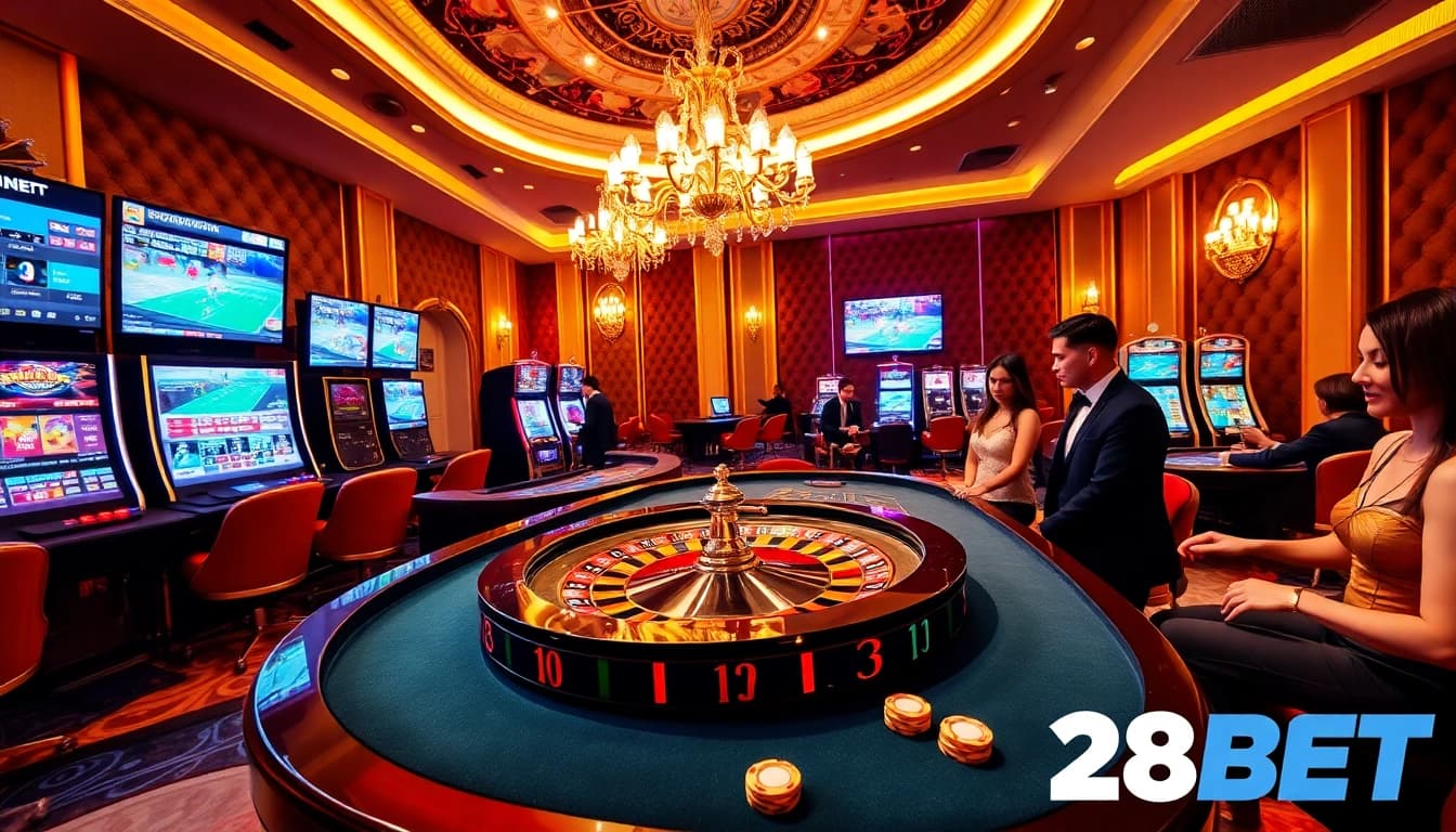 Players enjoying excitement and strategy at 28BET casino tables with elegant decor.