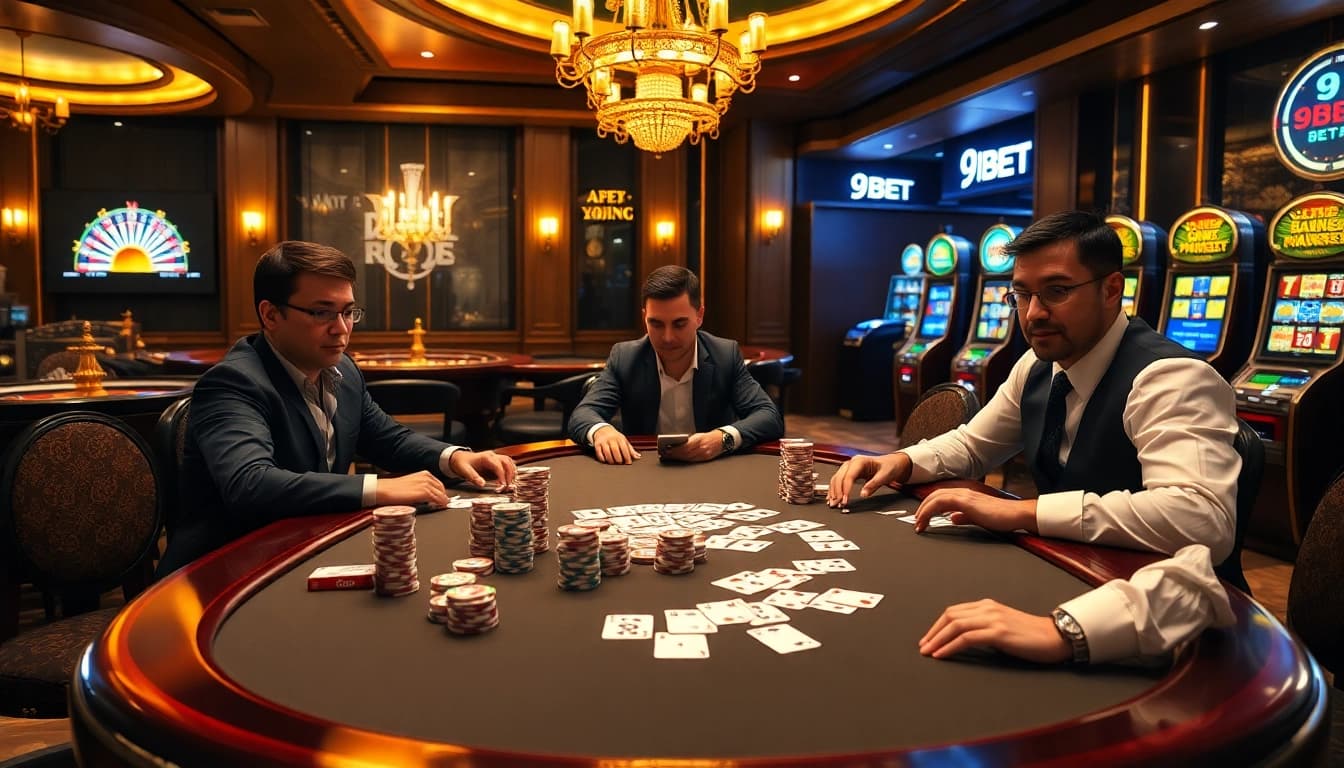 Experience the excitement of casinos with 9BET poker games and vibrant gambling visuals.